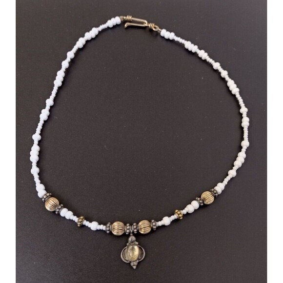 VTG Artisan 14" Chocker Sliver Beaded Necklace Oval Gemstone Moon Phase Luck - Picture 1 of 7